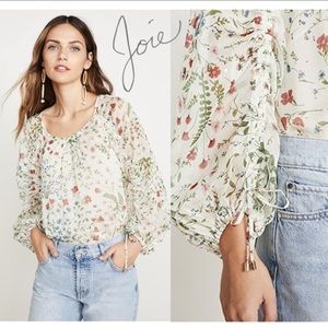 Joie Floral Peasant Blouse w Drawstring Sleeves